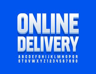 Vector modern logo Online Delivery. White 3D Font. Alphabet Letters and Numbers set