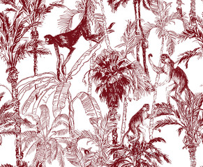 Monkeys Climbing Palm Trees, Jungle Forest Lithography Etching Illustration, Exotic Wallpaper Design Wildlife Brown on White Background, Banana Leaves with Wild Animals Seamless Pattern
