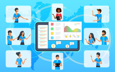 flat design online conference video call concept. Business team having video conference call. Group of people working form home. Online meeting with manager in video call. Videoconferencing