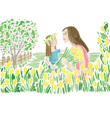 Illustration of mother and daughter in field