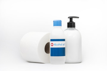 Bottle of liquid soap toilet paper alcohol desinfection sanitizer