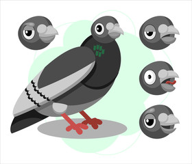 Vector illustration of happy pigeon cartoon in flat style. Grey dove character with emotions ang faces set