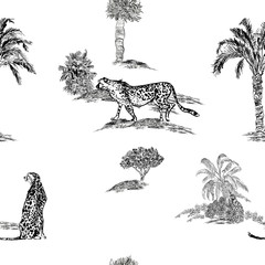 Seamless Pattern Safari Cheetah Animals in Desert, Exotic Plants, Wildlife Animals Engraving Drawing, Black and White Africa Doodle Drawing, Etching Leopard  Textile