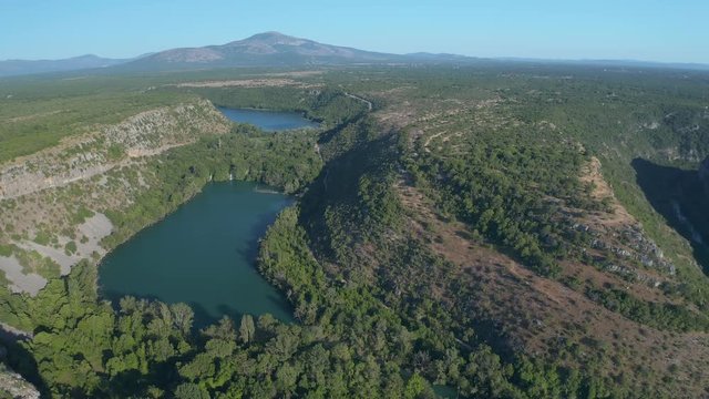 Aerial panorama of the Brljan lake located downstream of Bilusic buk on the exit from canyon of Krka River in Dalmatian Zagora in Croatia