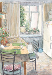 Cute interior of the morning kitchen, watercolor