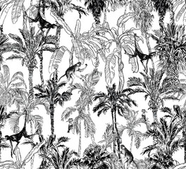 Seamless Pattern Vintage Engraving Outline Drawing Tropical Jungle with Monkeys Animals, Black and White Doodle Tropics, Exotic plants, Banana Palms Etching Illustration
