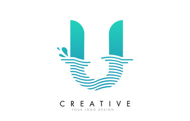 U Letter Logo with Waves and Water Drops Design.