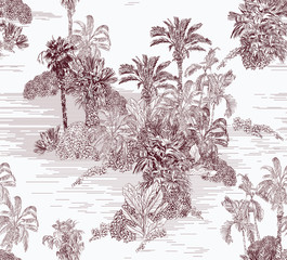 Seamless Pattern Vintage Etching Tropical Jungle Pattern Brown on White Background, Tropical islands Engraving Illustration, Tropics Print Toile, Hawaiian Sea Fabric design - 339569073