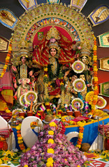The deity goddess Durga kept for worship during Durga Puja festival celebration in Manama, Bahrain