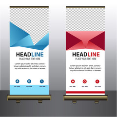 blue and pink banner roll up business design vertical vector banner template, abstract presentation of geometric background, modern publication display and banner-flag, layout in rectangular size