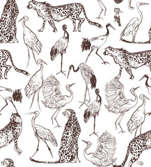  Seamless Pattern Isolated Elements Cheetah, Leopard, Heron Birds Wildlife Animals Safari Fine Line Drawing, Engraving Drawing Exotic Fauna, Safari Doodle Wallpaper Design on White Background