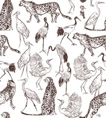  Seamless Pattern Isolated Elements Cheetah, Leopard, Heron Birds Wildlife Animals Safari Fine Line Drawing, Engraving Drawing Exotic Fauna, Safari Doodle Wallpaper Design on White Background © Irina
