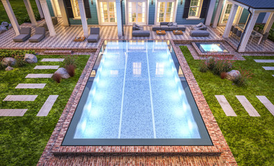 3d rendering of modern cozy classic house in colonial style with garage and pool for sale or rent with beautiful landscaping on background. Clear summer night with many stars on the sky.