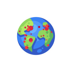 Earth with red dots showing virus spread flat icon. SARS-CoV-2 novel coronavirus global pandemic map vector illustration.
