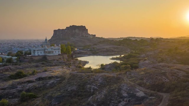 4K Time-lapse of Beautiful Jaswant Thada cenotaph and Mehrangarh Fort at sunset in Jodhpur, India
