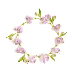 Fototapeta na wymiar Round frame made of alstroemeria flowers and green leaves on a white background. Spring concept.