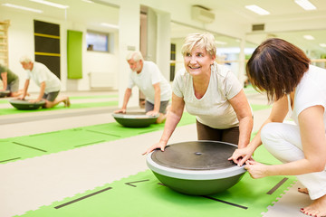 Physiotherapist helps senior woman with fitness training