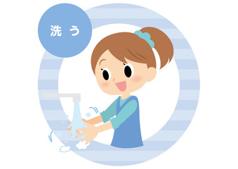 女子の手洗い　洗う