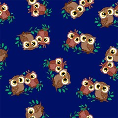 Cute owl and leaves seamless pattern background. Beautiful childish print design element.