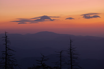 Landscape at twilight from Clingman's Dome of the Great Smoky Mountains with unique clouds, Great Smoky Mountains National Park, North Carolina, USA