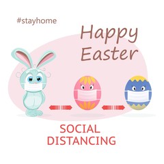 Easter eggs. Cute easter bunny with face mask coronavirus pandemic.