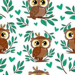 Cute owl sitting on a branch with foliage pattern background. Seamless bird vector illustration. Beautiful childish print design elements.