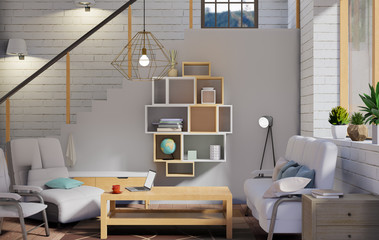 Home office interior. Working from home concept. 3D Rendering