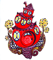 A red cartoon house with round Windows and a door.