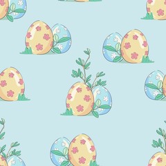 Easter Eggs and green leaves pattern. Vector illustration. Seamless