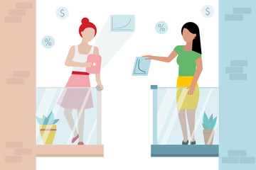 Illustrations concept coronavirus COVID-19. employees work from home to avoid viruses. Two woman working on their balconies. Laptop, discussion, money, diagrams and charts.