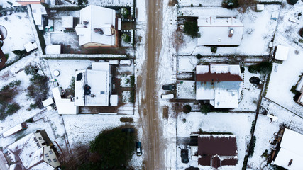 Suburbs in the winter. Drone shot.