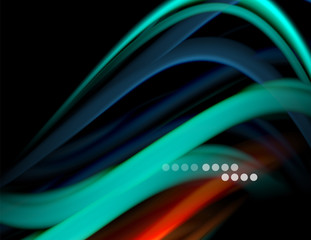 Silk smooth lines on black, liquid fluid color waves. Vector Illustration