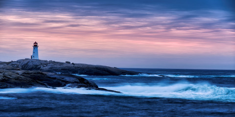 lighthouse on the coast at sunrise - obrazy, fototapety, plakaty