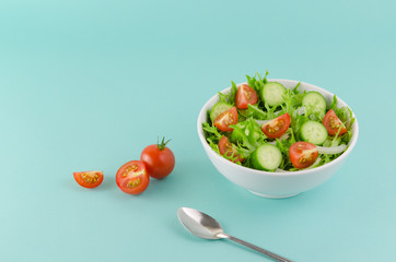 Salad bowl with frisee lettuce, baby tomato, cucumber, onion... Healthy foods concept