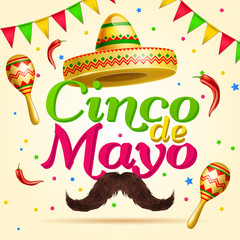 Cinco de Mayo vector realistick beautiful greeting celebration card with sombraro, mustaches, chili paper, flag garlands and confetti ,maracas for ad, promotion, poster, flyer, social media, marketing