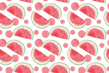 Repeat pattern, watercolor illustration of a watermelon slices set on the white background, sweet red juicy fruit, healthy and organic diet simple food pattern, symbol of summer