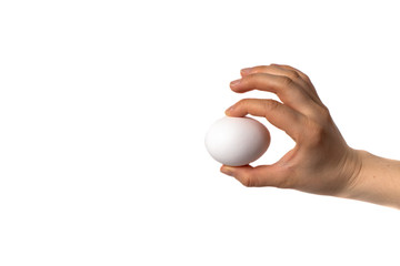 Fototapeta na wymiar One white chicken egg on a white background in a female hand. OK sign with an egg.