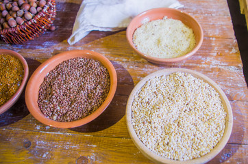 ancient country cuisine, traditional cuisine, ingredients, agricultural and hunting products, sorghum, lentils, rice, millet and spelled