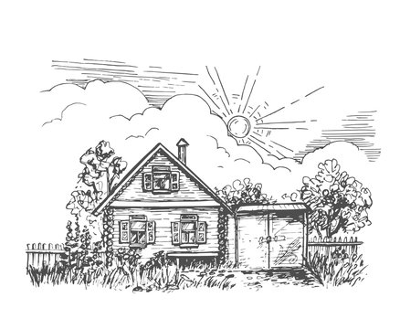Vector black and white image of a rustic log cabin with a garden and a gate under the sun and clouds.