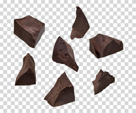 Cracked chocolates / broken chocolate chips or chocolate parts from top view on isolated  transparent background