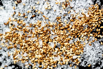 beautiful mixture of sesame and sea salt on a black background