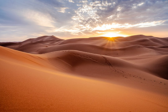 Beautiful sunset over sand dunes of Sahara Desert, Africa © eunikas