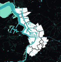 Antwerpen (Antwerp), Belgium administrative red map — rivers, water, and coastline on black background