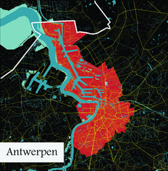 Antwerpen (Antwerp), Belgium administrative red map — rivers, water, roads, and highways on black background