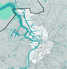 Antwerpen (Antwerp), Belgium map — rivers, water, roads and highways on grey background