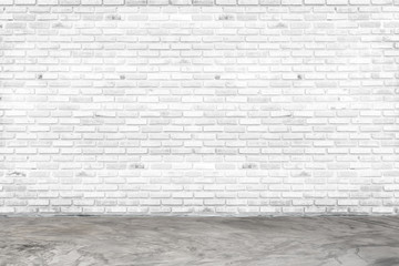 Empty white brick wall and concrete floor for background. room interior with white brick wall blank...