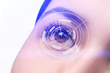 The young woman 's eye is close-up. The concept of the new technology is iris recognition.