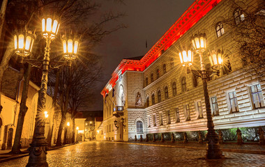 Parliament of Latvia building at night, Jekaba street, Old Town Riga.