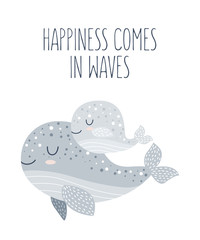 Vector handgetekende poster voor kinderkamerdecoratie met schattige walvissen en mooie slogan. Doodle illustratie. Perfect voor babyshower, verjaardag, kinderfeestje, voorjaarsvakantie, kledingprints