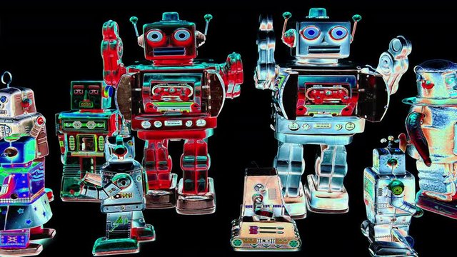 a large group of  neon robots enter the frame then leaves Transition 